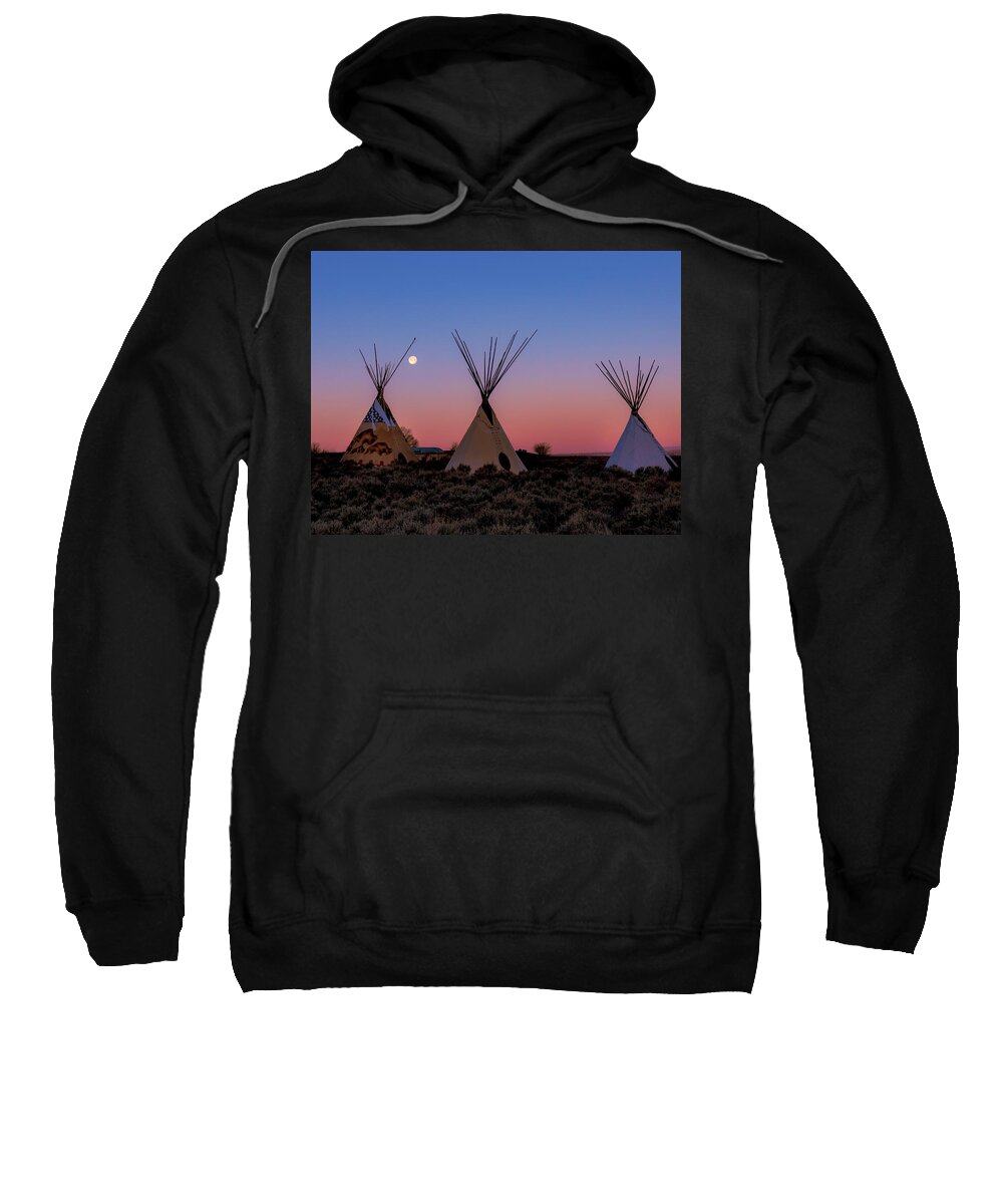 Taos Sweatshirt featuring the photograph Tipis with Morning Full Worm Moon by Elijah Rael