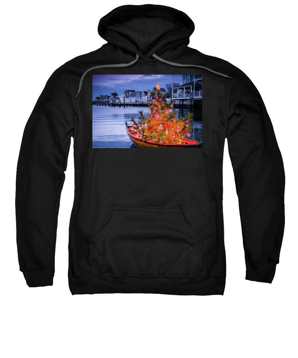Atlantic Us Christmas Eastern Us Ma Massachusetts Nantucket Nantucket Town New England North America Rf Usa United States Boat Decoration Dory Northeast Northeastern Tree World Locations Sweatshirt featuring the photograph USA, New England, Massachusetts, Nantucket Island, Nantucket Town, small dory with Christmas tree by Panoramic Images