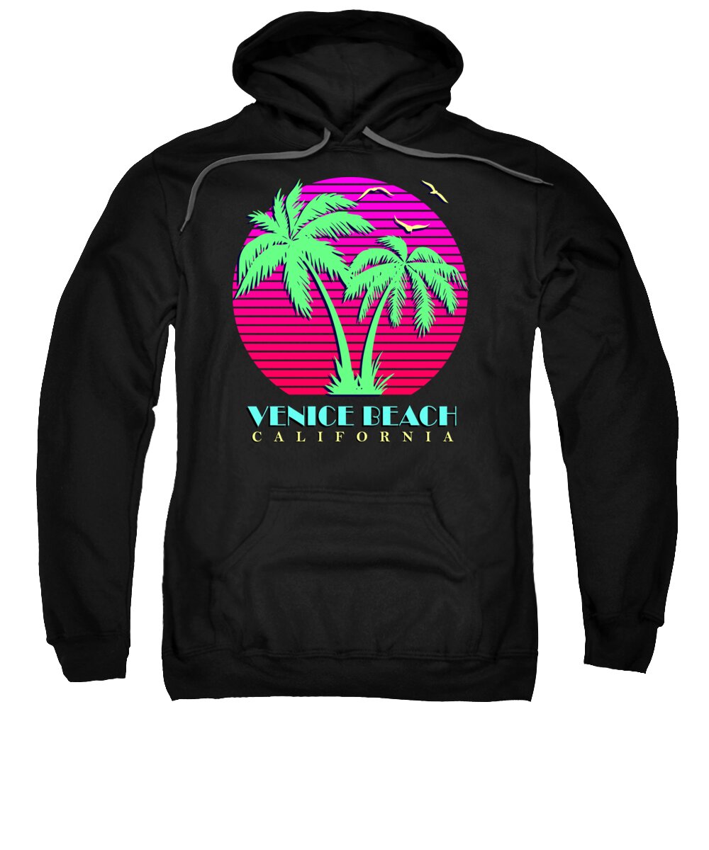 Classic Sweatshirt featuring the digital art Venice Beach California Retro Palm Trees Sunset by Megan Miller