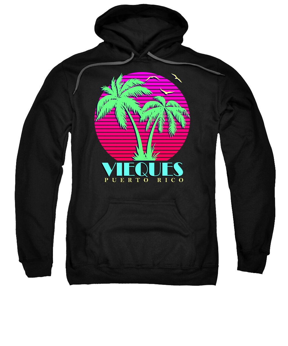 Classic Sweatshirt featuring the digital art Vieques Puerto Rico Retro Palm Trees Sunset by Megan Miller
