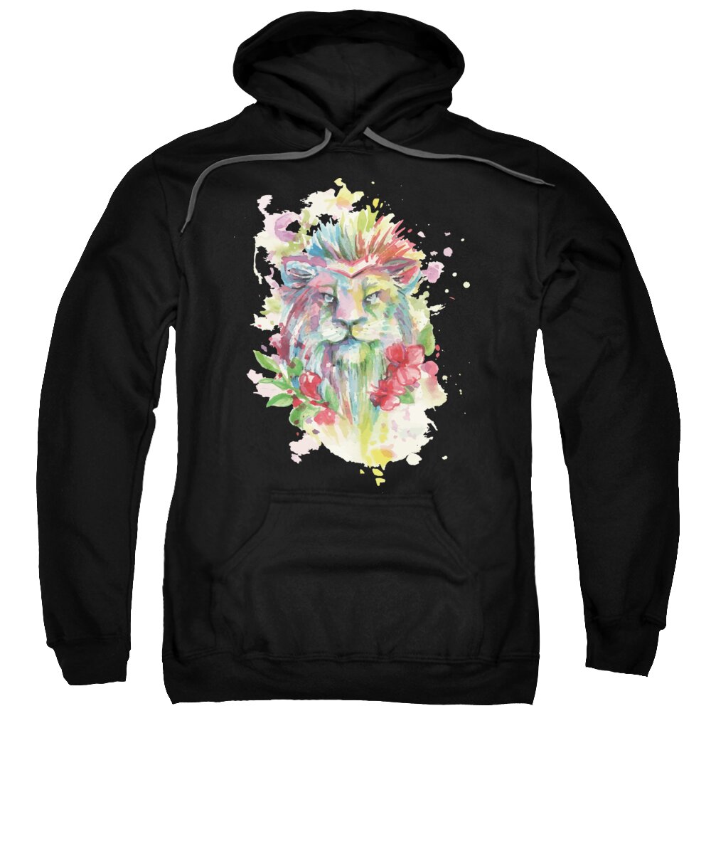 Lion Sweatshirt featuring the digital art Watercolor Lion Floral Animal by Jacob Zelazny