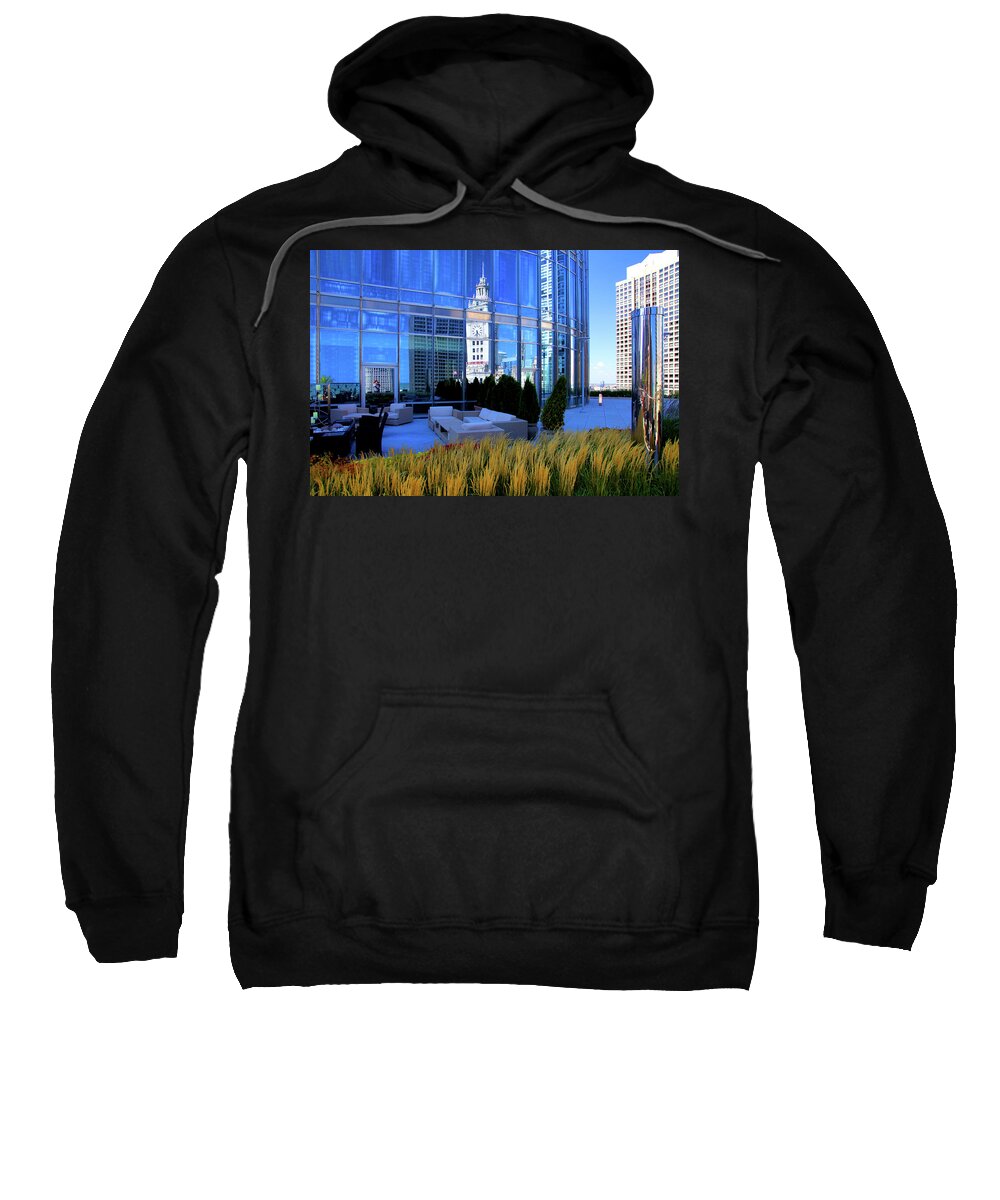 Architecture Sweatshirt featuring the photograph Wrigley Clock Tower Reflection by Patrick Malon