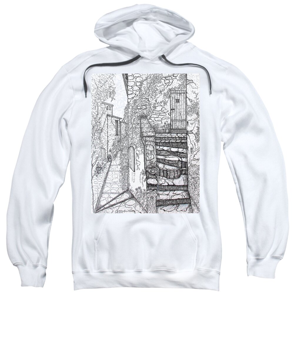 Art Sweatshirt featuring the drawing Ancient Crumbling Stone Steps Black and White by Ashley Goforth