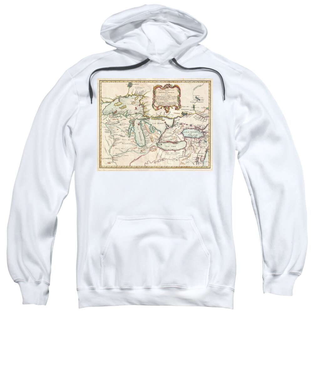  A Rare And Extremely Influential 1755 Map Of The Great Lakes Drawn By Jacques Nicholas Bellin. This Map Sweatshirt featuring the photograph 1755 Bellin Map of the Great Lakes by Paul Fearn