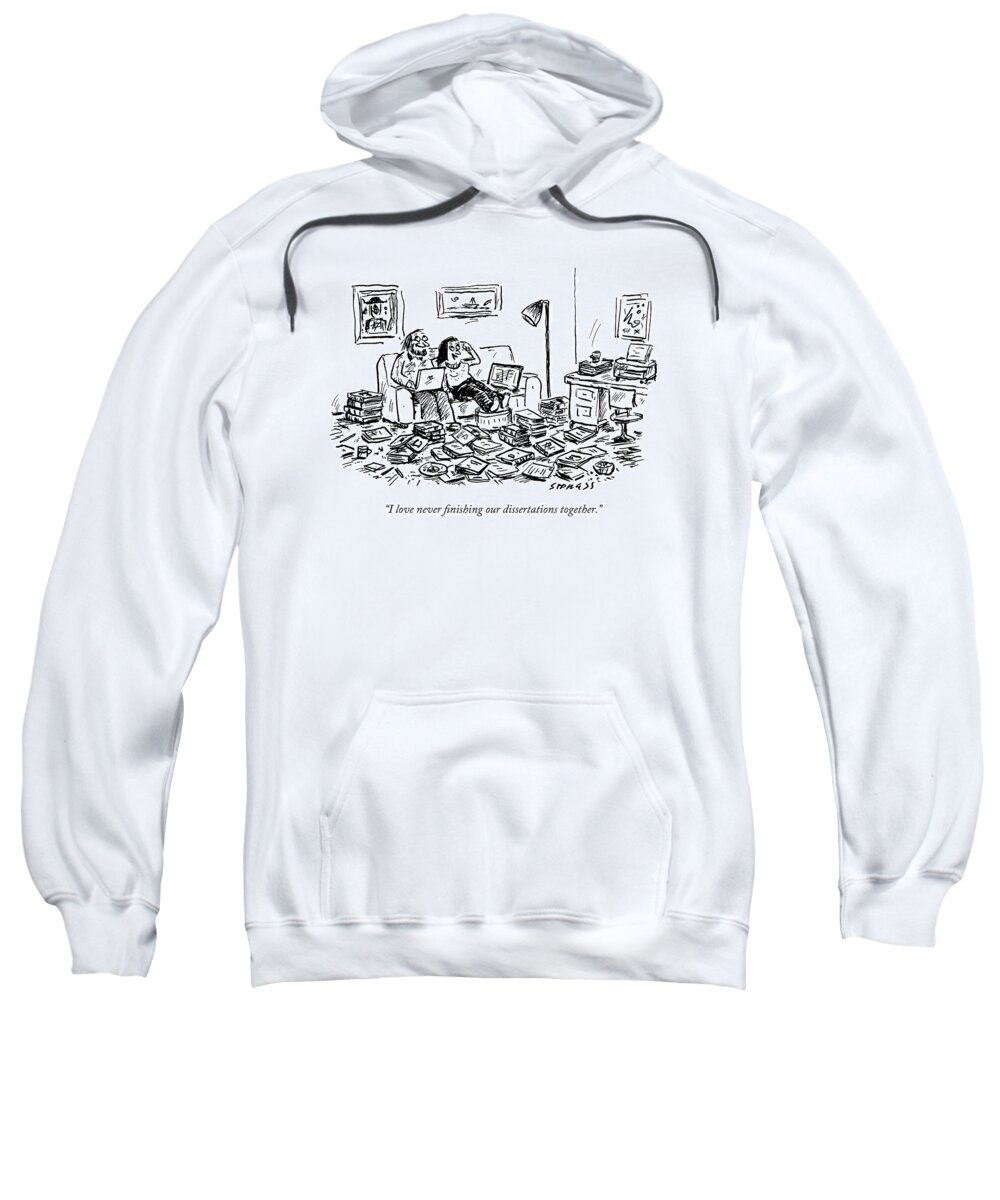 Couple Sweatshirt featuring the drawing A Couple On A Couch Surrounded By Books by David Sipress