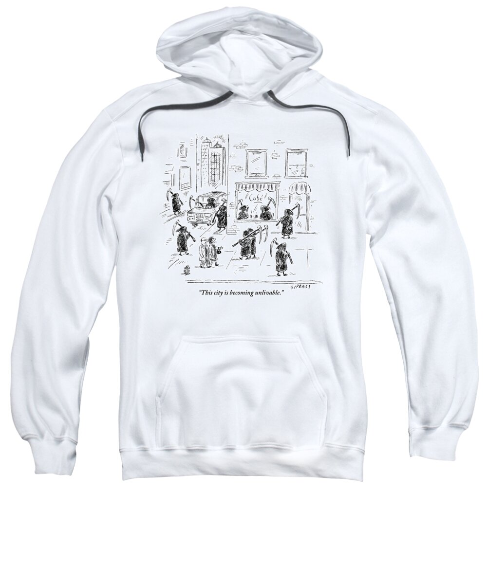 Street Scenes Sweatshirt featuring the drawing A Couple Walk Down A City Street Teeming by David Sipress