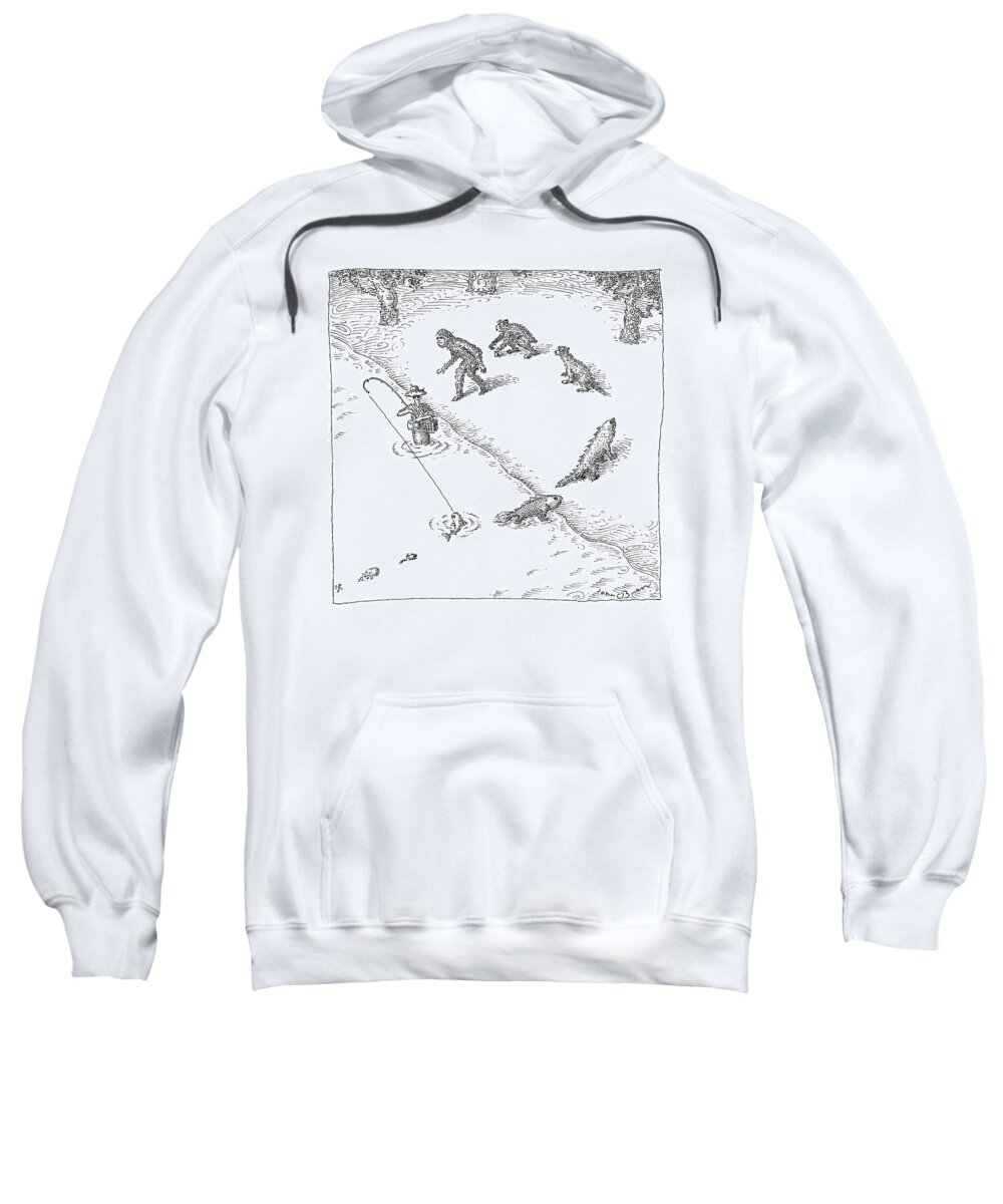 Captionless. Fishing Sweatshirt featuring the drawing A Fisherman Wading In The Water Catches A Fish by John O'Brien