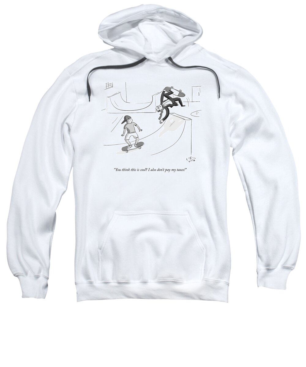 Skateboard Sweatshirt featuring the drawing A Guy In A Suit Does A Flip On A Skateboard by Farley Katz
