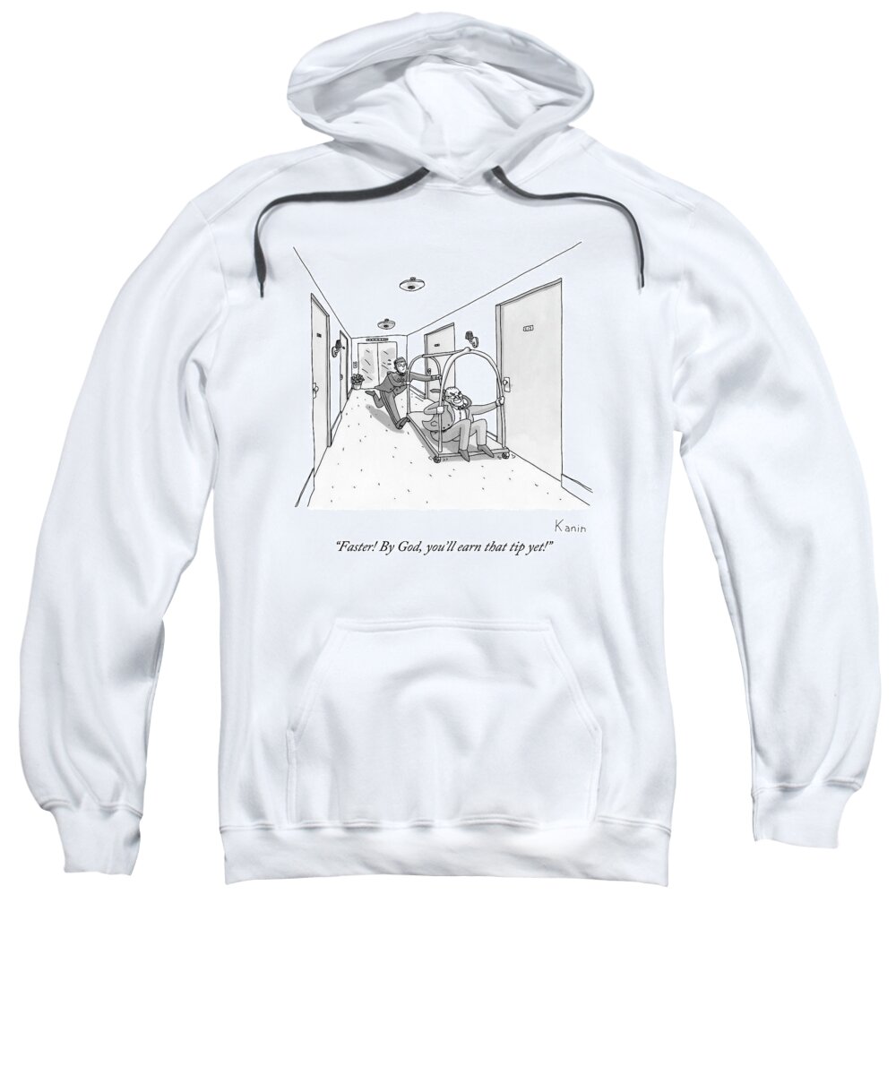 Hotel Sweatshirt featuring the drawing A Hotel Bellboy Pushes A Man On A Cart by Zachary Kanin