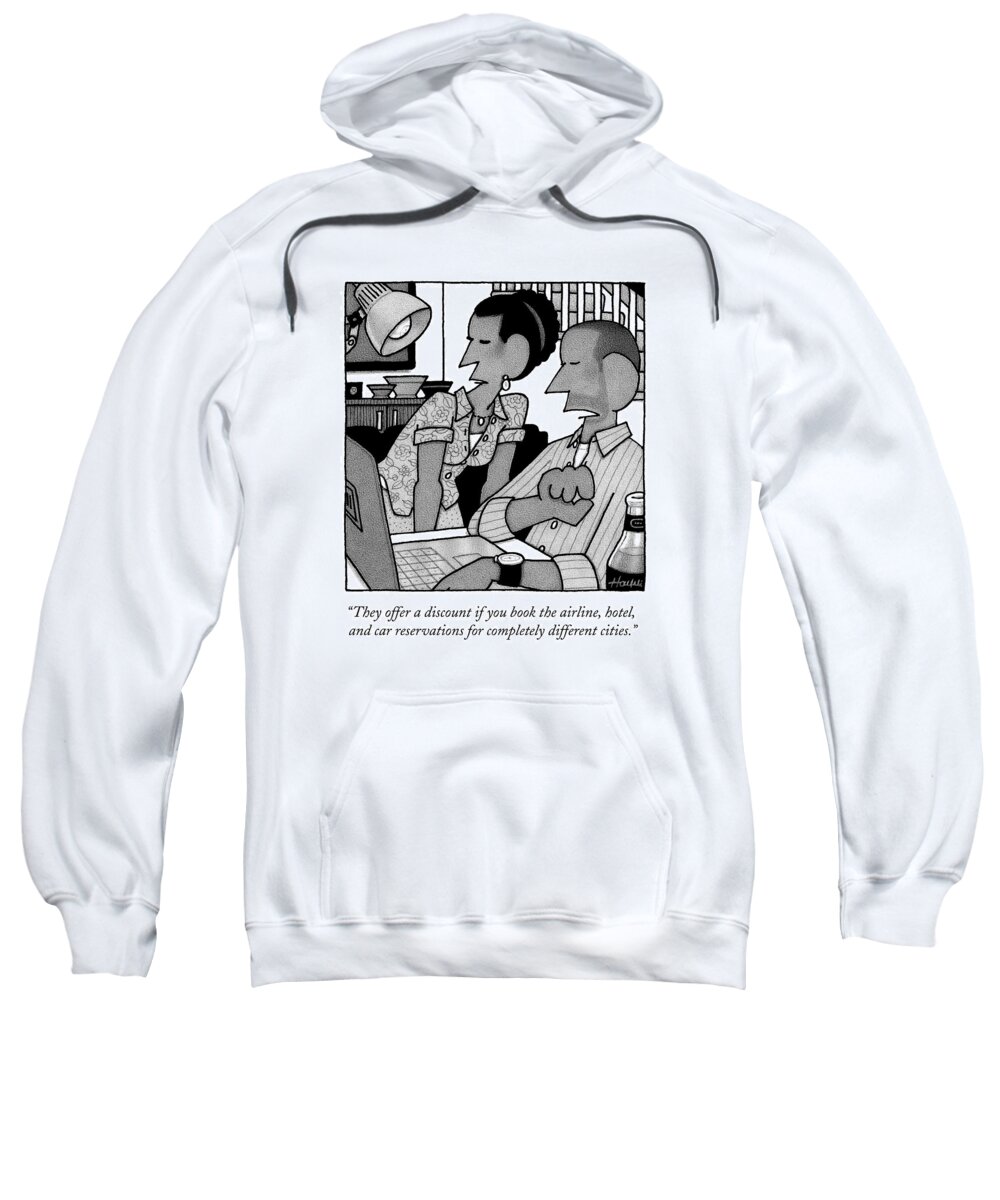 Booking Travel Sweatshirt featuring the drawing A Husband And Wife Look At The Computer by William Haefeli