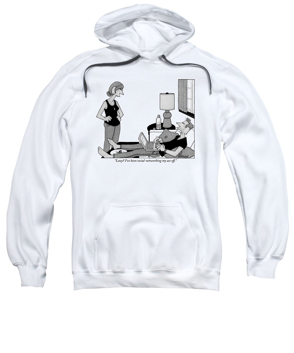 Couch Sweatshirt featuring the drawing A Lazy Husband On A Couch Speaks by William Haefeli