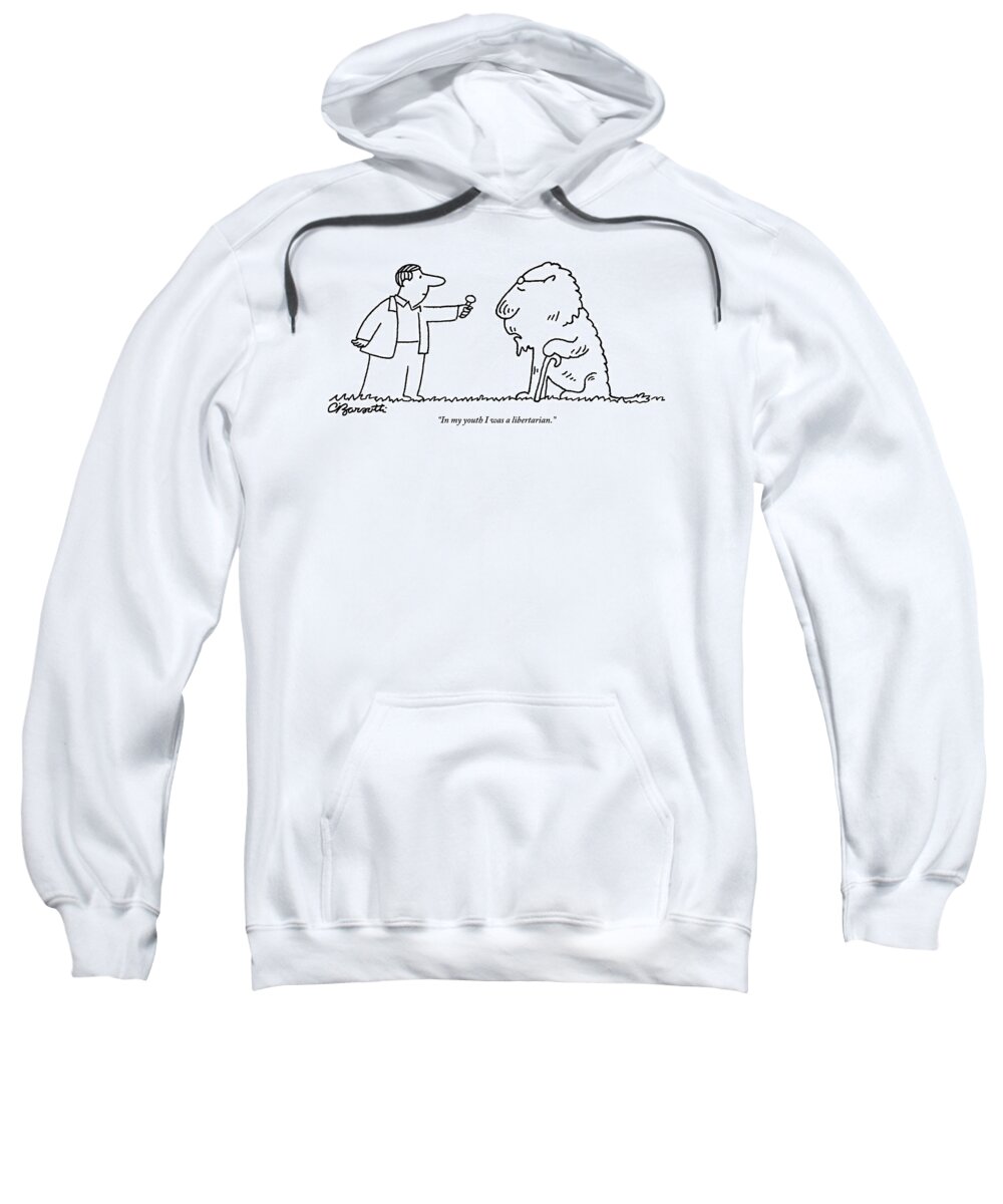 Glasses Sweatshirt featuring the drawing A Man Holding A Microphone To A Lion Wearing by Charles Barsotti
