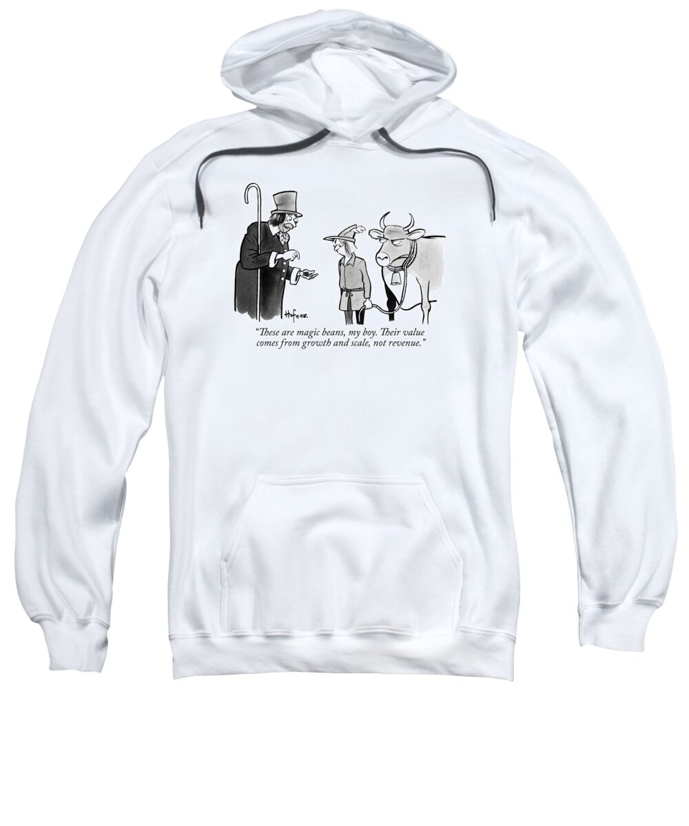 These Are Magic Beans Sweatshirt featuring the drawing A Man Sells A Boy Leading A Cow Beans -- Jack by Kaamran Hafeez