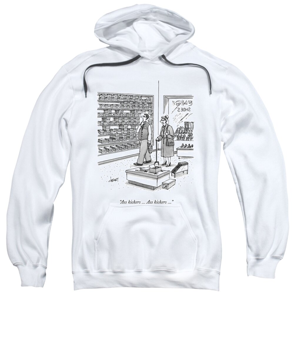 Shoes Sweatshirt featuring the drawing A Shoe Salesman Browses The Selection Of Shoes by Tom Cheney