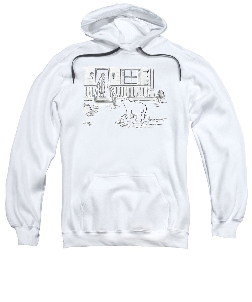 Captionless Sweatshirt featuring the drawing A Woman In Her Bathrobe Steps Out On Her Porch by Robert Leighton