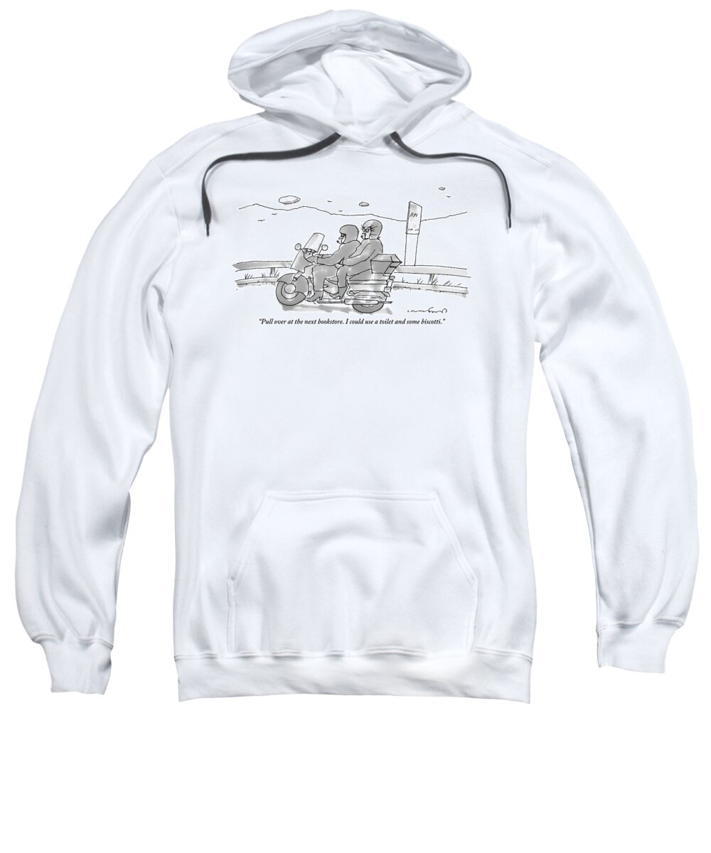 Bookstore Sweatshirt featuring the drawing A Woman On The Back Of A Motorcycle Talks by Michael Crawford