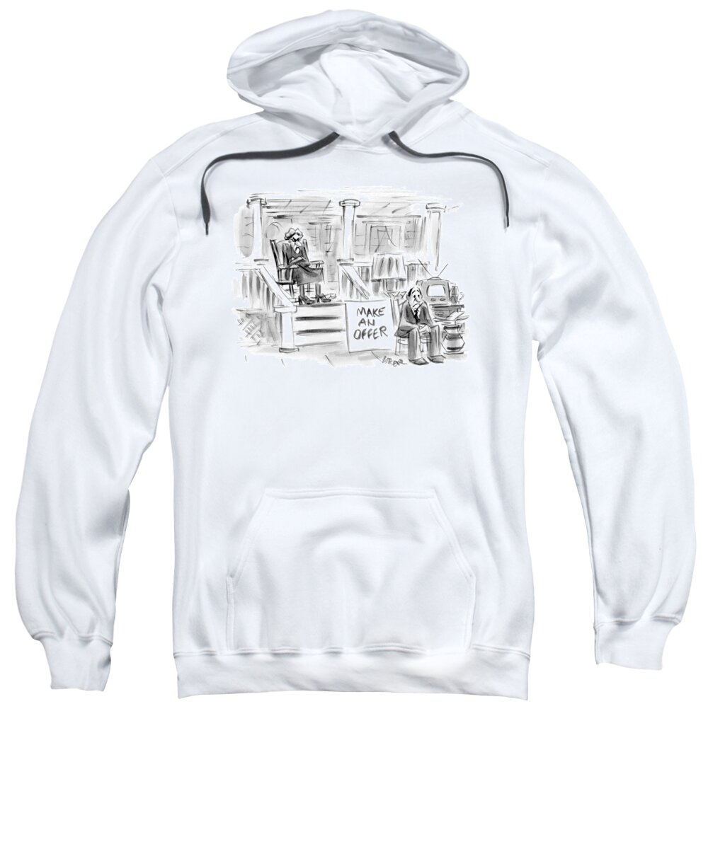 Captionless Sweatshirt featuring the drawing A Woman Sitting On A Porch Is Selling Her Husband by Lee Lorenz