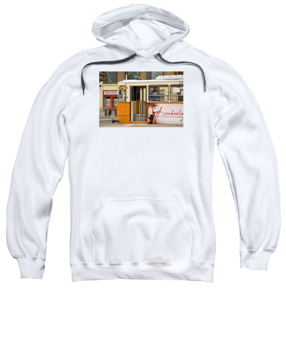 Tram Sweatshirt featuring the photograph A yellow tram on the streets of Budapest Hungary by Imran Ahmed