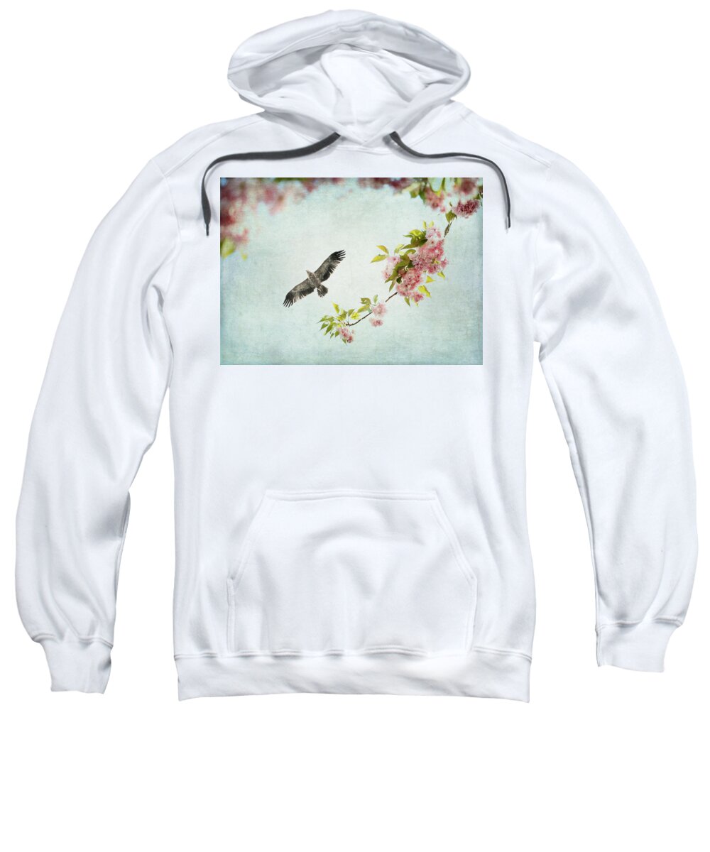 Pastel Sweatshirt featuring the photograph Bird and Pink and Green Flowering Branch on Blue by Brooke T Ryan