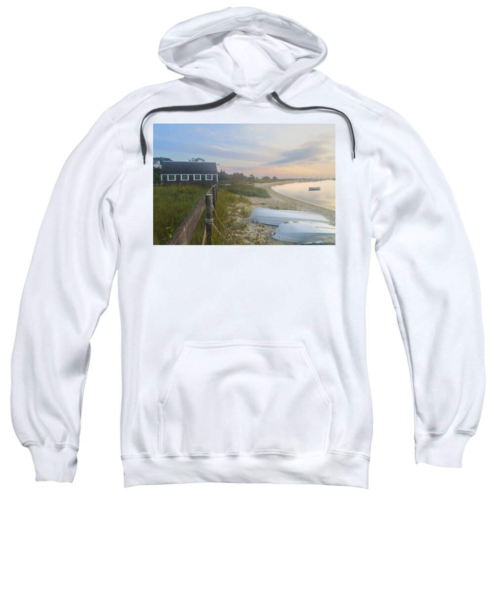 Owen Park Beach Sweatshirt featuring the photograph Boathouse at Dawn by Nautical Chartworks