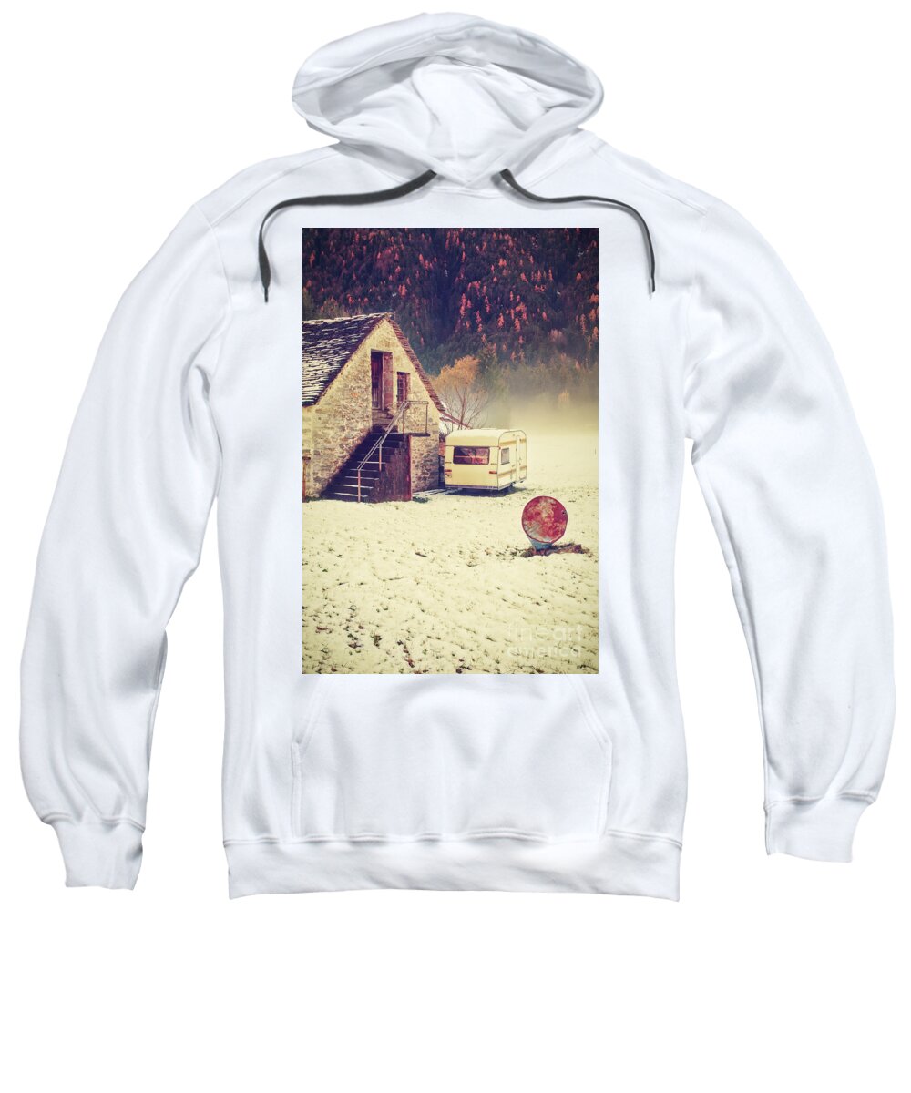 Bin Sweatshirt featuring the photograph Caravan in the snow with house and wood by Silvia Ganora