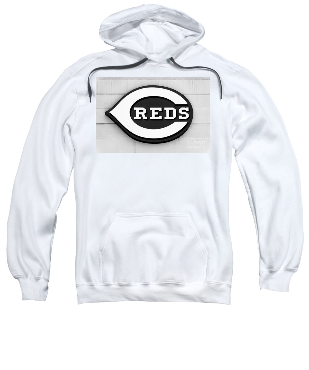 America Sweatshirt featuring the photograph Cincinnati Reds Sign Black and White Picture by Paul Velgos