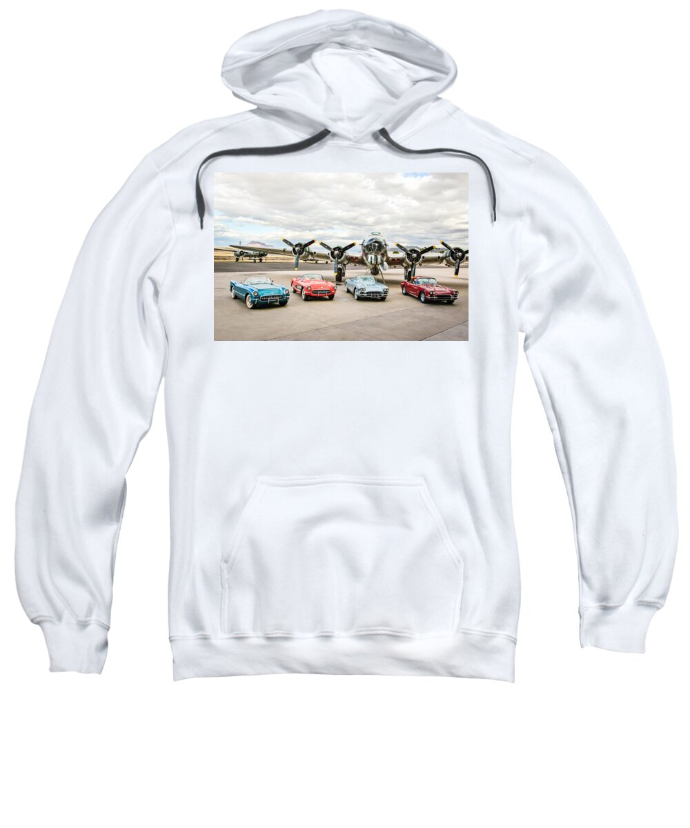 Corvettes With B17 Bomber Sweatshirt featuring the photograph Corvettes and B17 Bomber by Jill Reger
