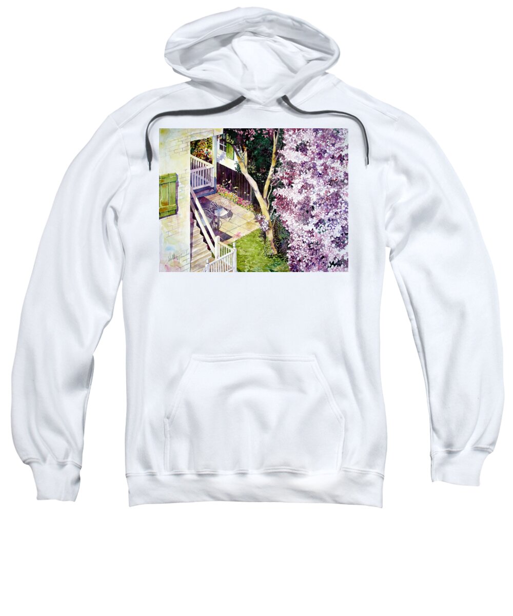 Watercolor Sweatshirt featuring the painting Courtyard with Cherry Blossoms by Mick Williams