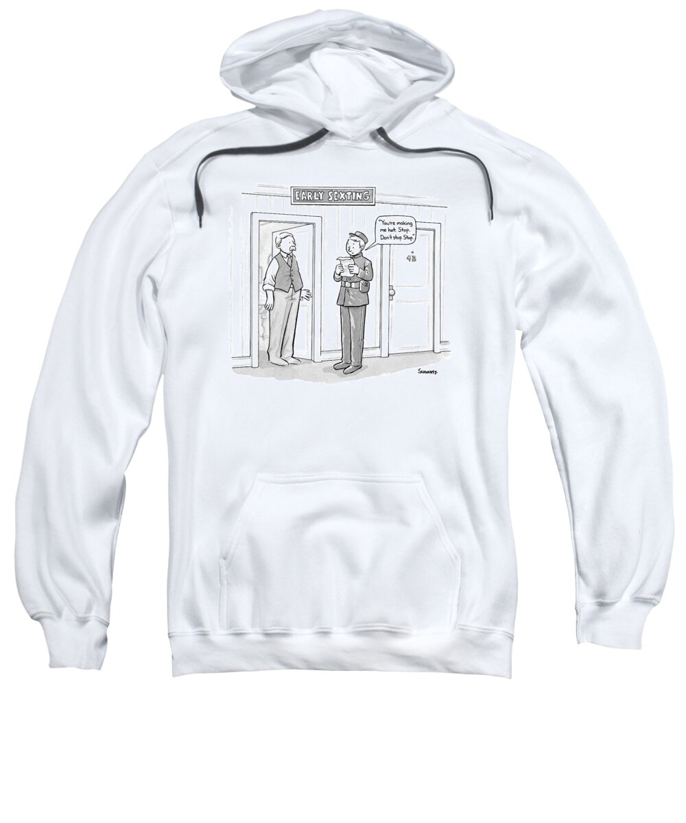 Captionless Sex Sweatshirt featuring the drawing Early Sexting -- An Old-style Bellhop Reads An by Benjamin Schwartz