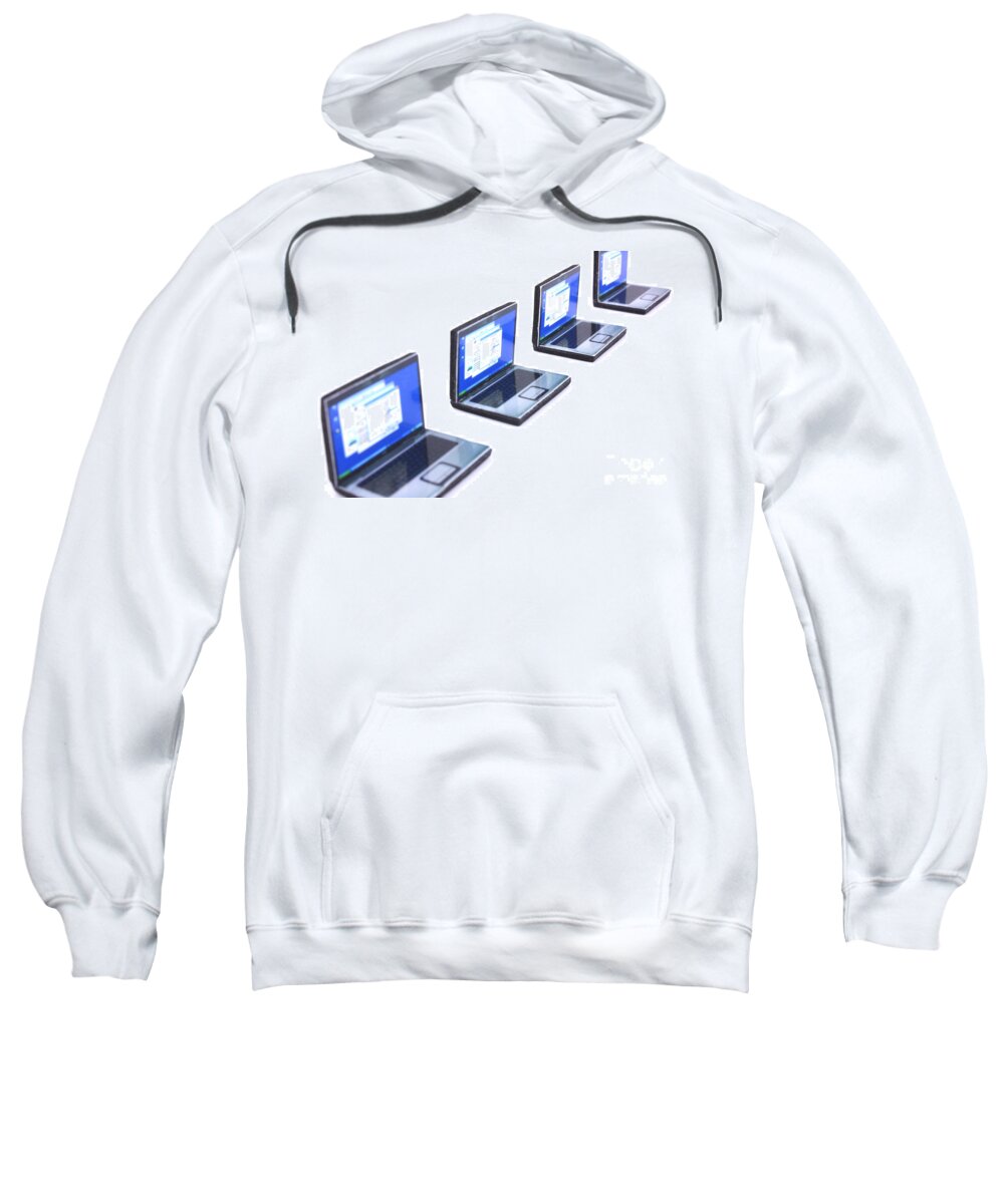 Production Sweatshirt featuring the photograph Four mini laptops in a perspective line by Simon Bratt