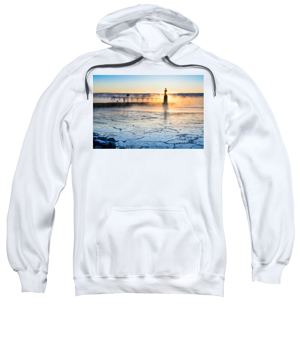 Lighthouse Sweatshirt featuring the photograph Frigid Sunrise Fog by Bill Pevlor