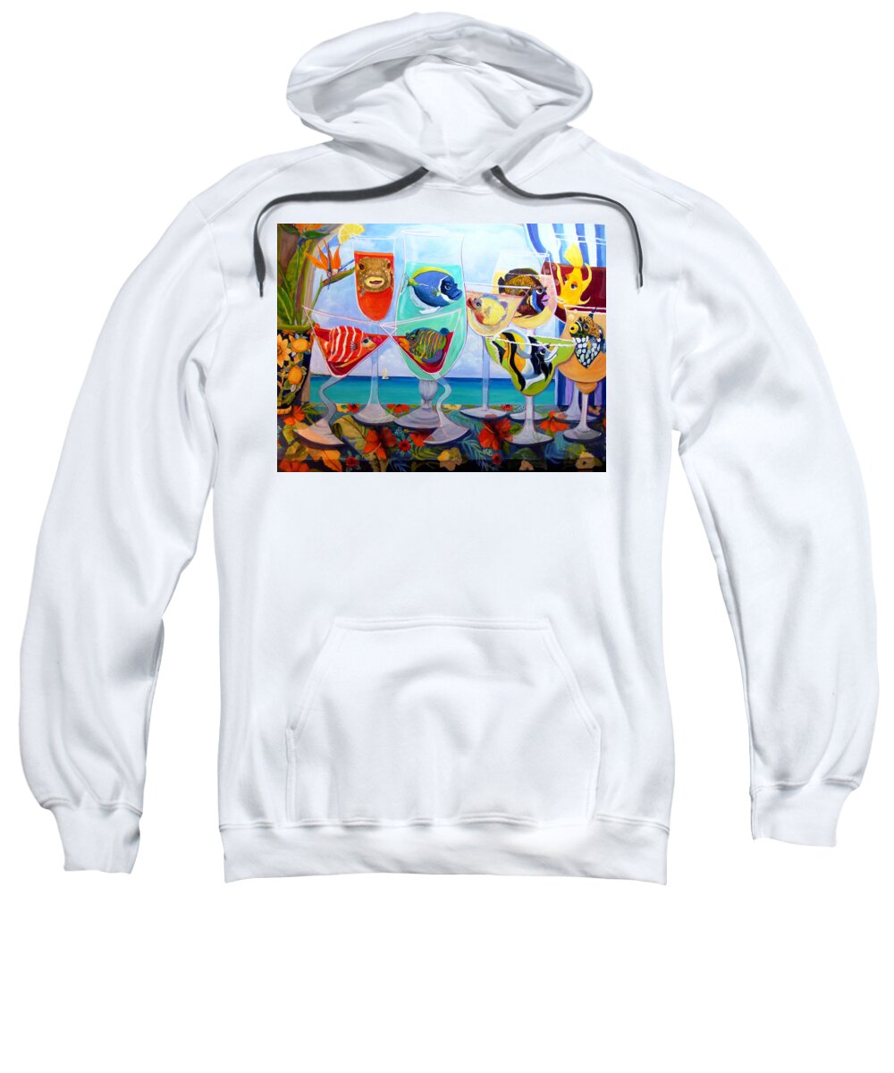 Cocktail Art Sweatshirt featuring the painting GirlFINS in Paradise by Linda Kegley