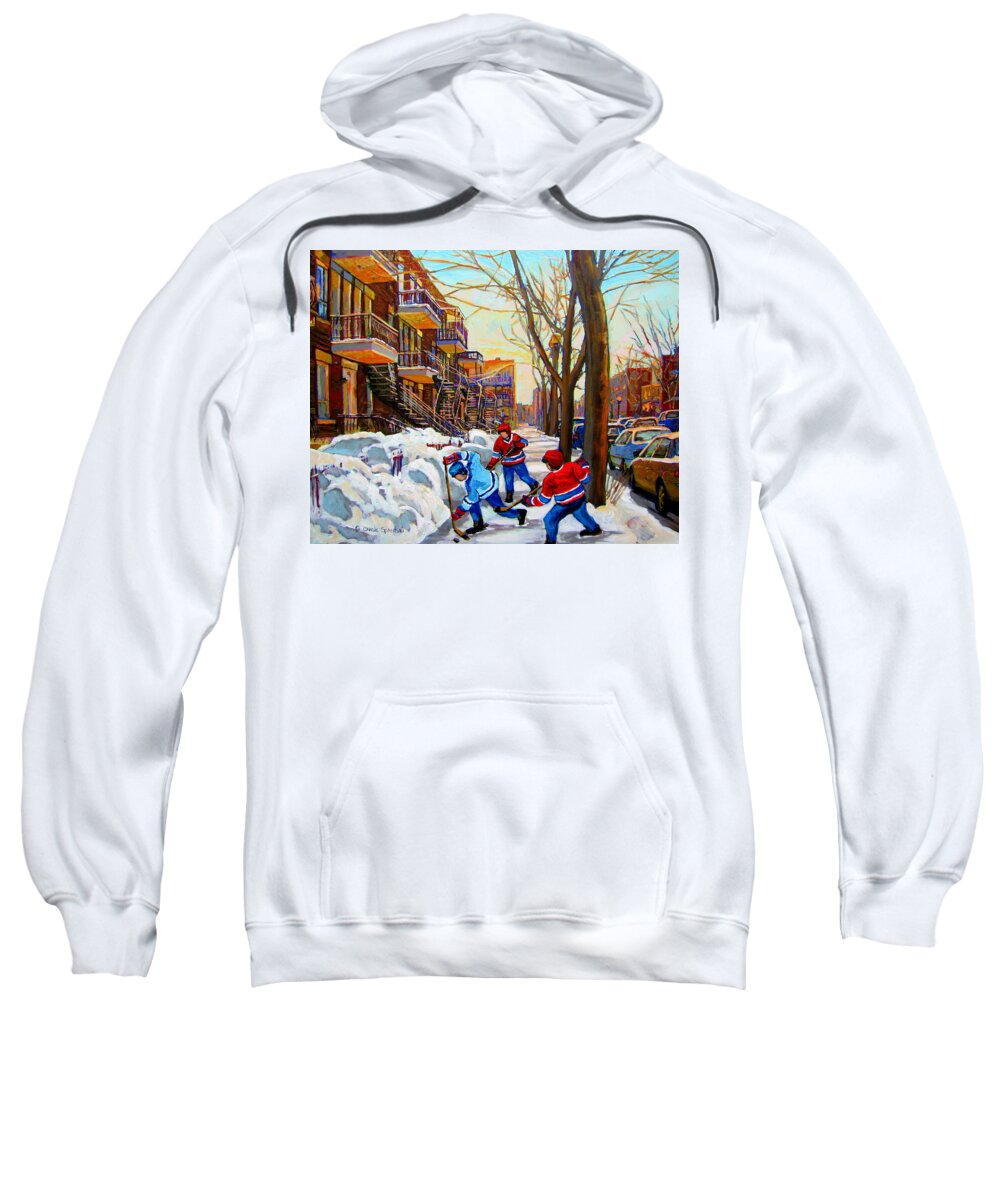 Montreal Sweatshirt featuring the painting Hockey Art - Paintings Of Verdun- Montreal Street Scenes In Winter by Carole Spandau