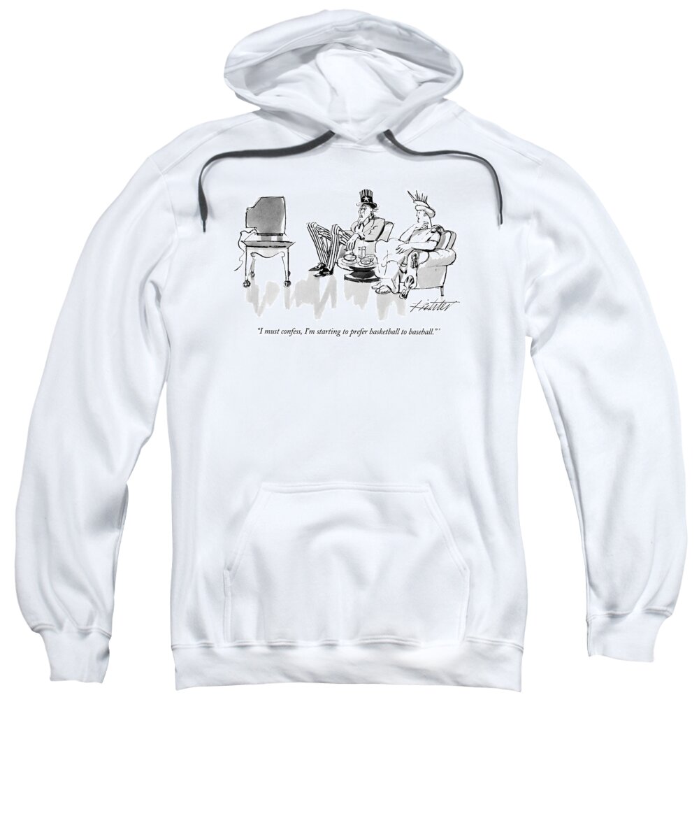 
(uncle Sam Talking To Statue Of Liberty As They Watch Tv)
Leisure Sweatshirt featuring the drawing I Must Confess by Mischa Richter