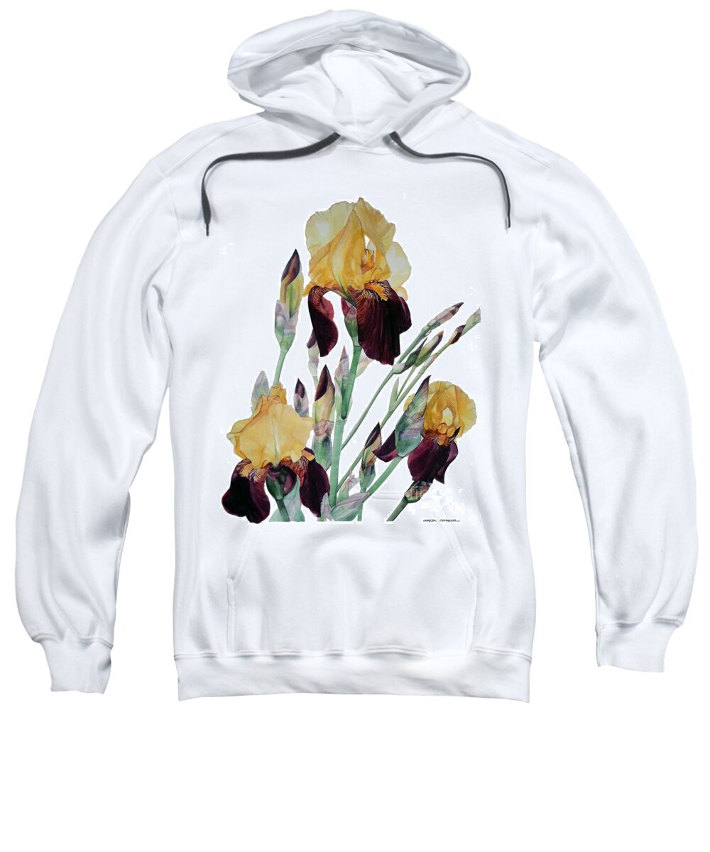Watercolor Sweatshirt featuring the painting Watercolor of Tall Bearded Iris in Yellow and Maroon I call Iris Beethoven by Greta Corens