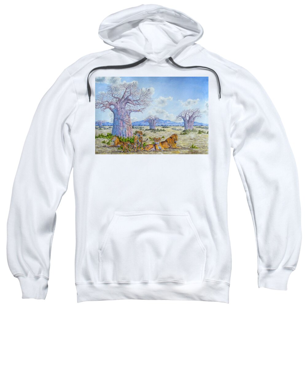 African Paintings Sweatshirt featuring the painting Lions by the Baobab by Joseph Thiongo