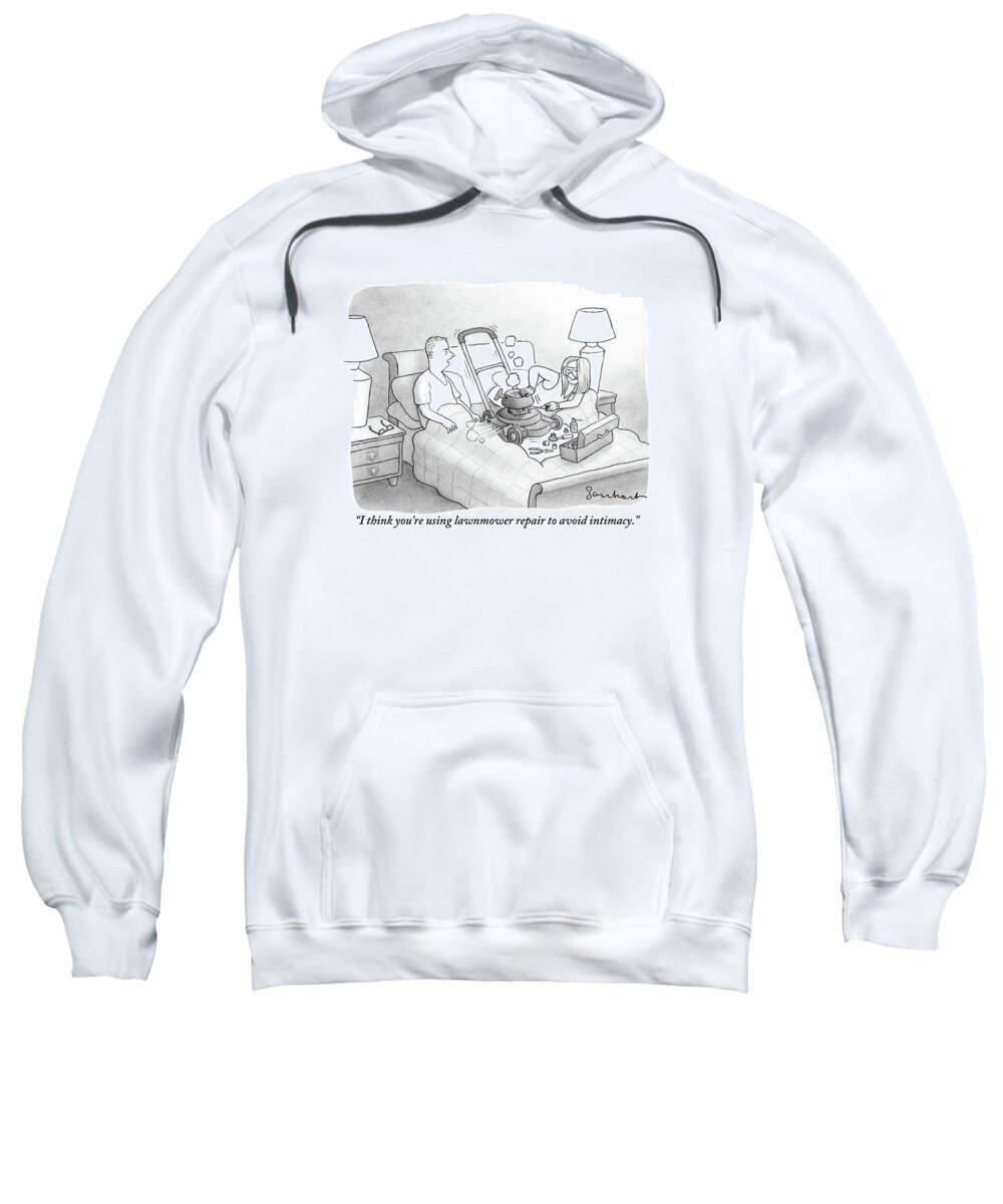 Lawn Mower Sweatshirt featuring the drawing Man Speaks To Woman Who Is Repairing Lawn Mower by David Borchart