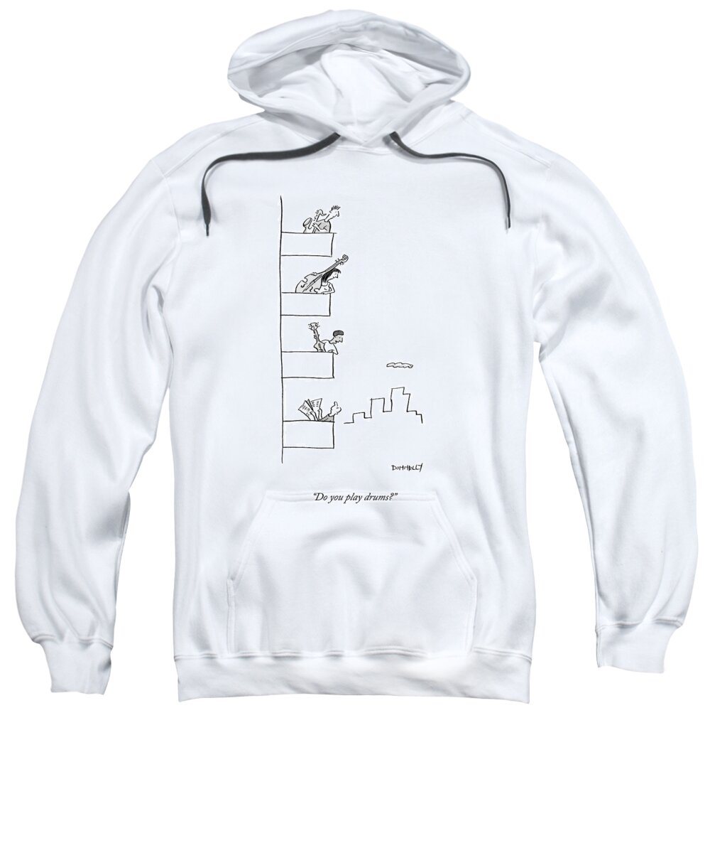 Instruments Sweatshirt featuring the drawing Men Playing Instruments On Different Levels by Liza Donnelly