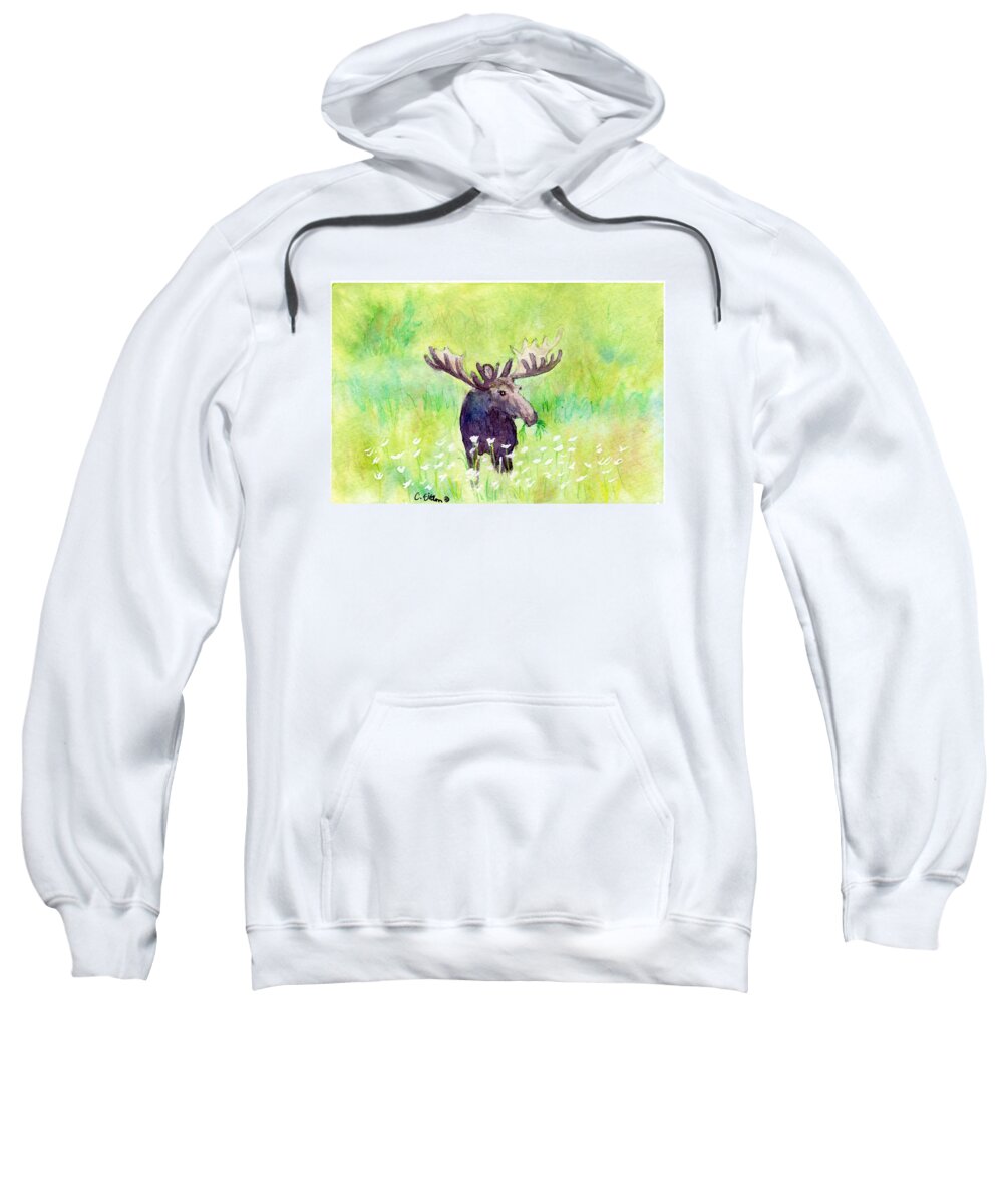 C Sitton Painting Paintings Sweatshirt featuring the painting Moose in Flowers by C Sitton