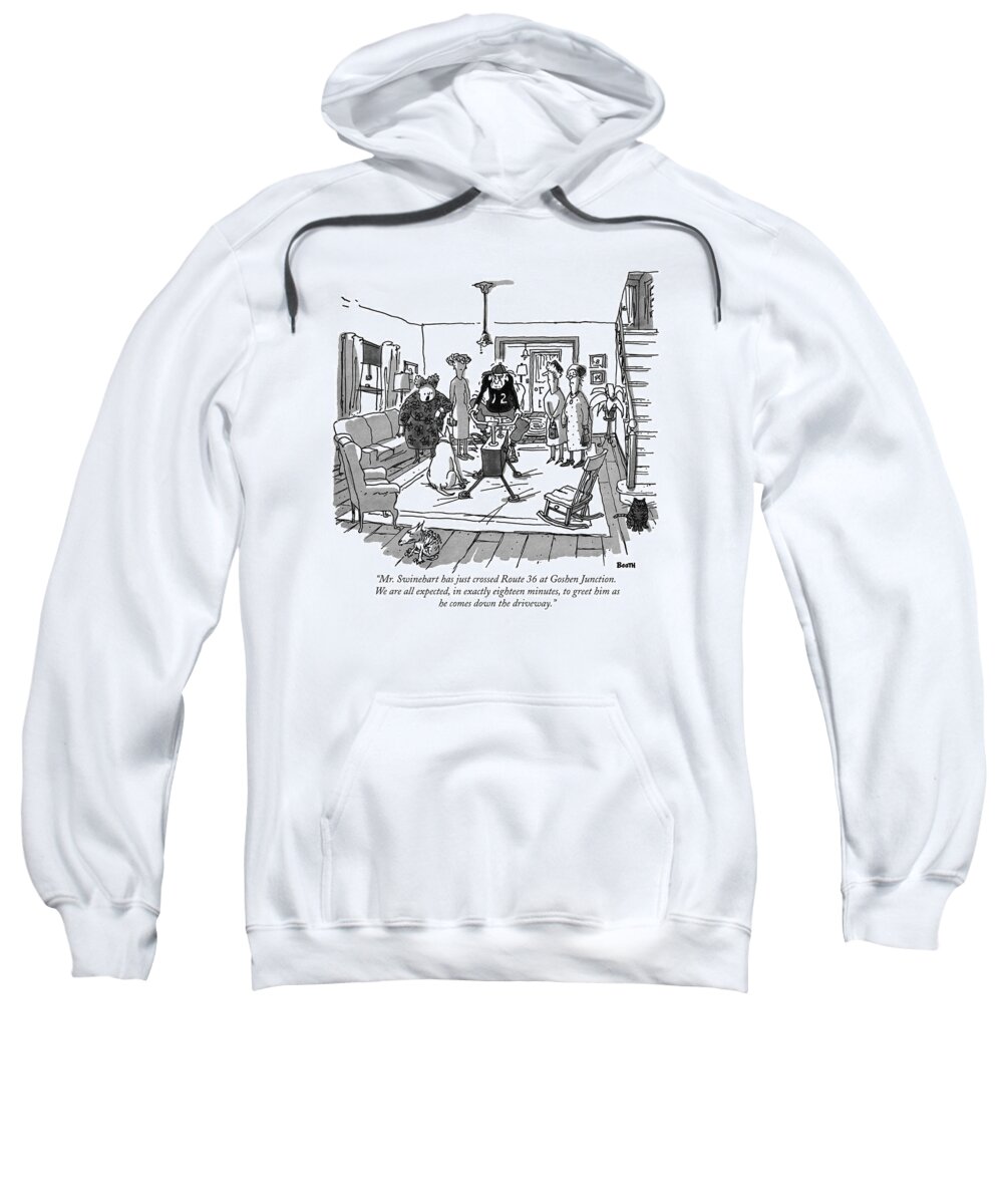 
(four Old Women Watching Man On Exercise Machine.) Fitness Sweatshirt featuring the drawing Mr. Swinehart Has Just Crossed Route 36 At Goshen by George Booth
