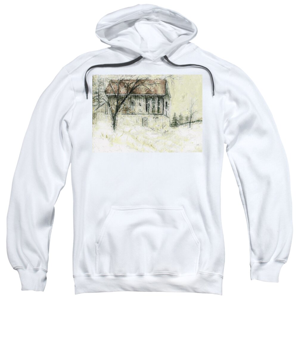 Barn Sweatshirt featuring the painting Caledon Barn by Claire Bull