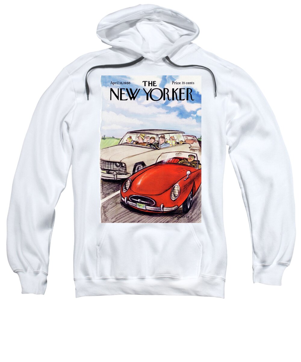 Car Cars Automobiles Drive Driving Vacation Family Hot Rod Convertible Vacation Rest Leisure Recreation Relaxation Travel Journey Trip Road Envy Jealousy Charles Saxon Csa Sumnerok Charles Saxon Csa Artkey 49894 Sweatshirt featuring the painting New Yorker April 16th, 1966 by Charles Saxon