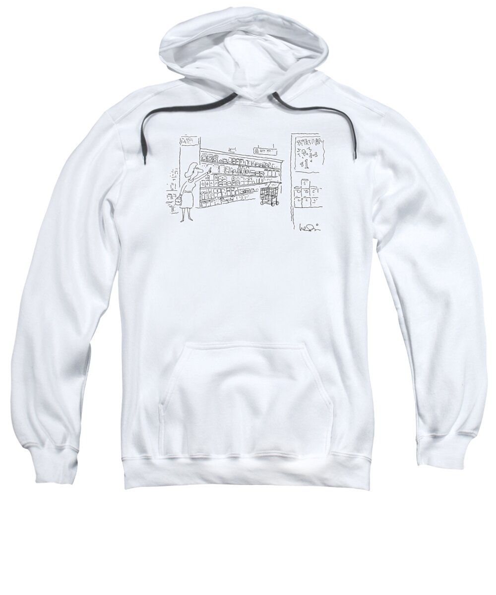 (woman Hails Empty Shopping Cart In Aisle Of Supermarket As If It Were A Taxi.) 
Psychology Sweatshirt featuring the drawing New Yorker April 23rd, 1990 by Arnie Levin