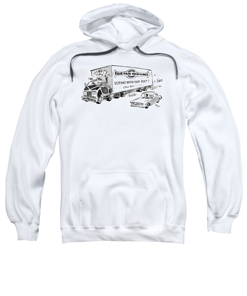 No Caption
Passenger Car Drives Past Moving Van On A Highway. The Truck Says Refers To President's New Tax Plan. Government Sweatshirt featuring the drawing New Yorker July 22nd, 1985 by Lee Lorenz