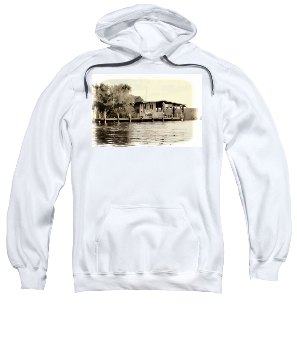 Florida Old Fish Shack Camp Waterway Palms Sweatshirt featuring the photograph Old Florida Fish Shack by Alice Gipson
