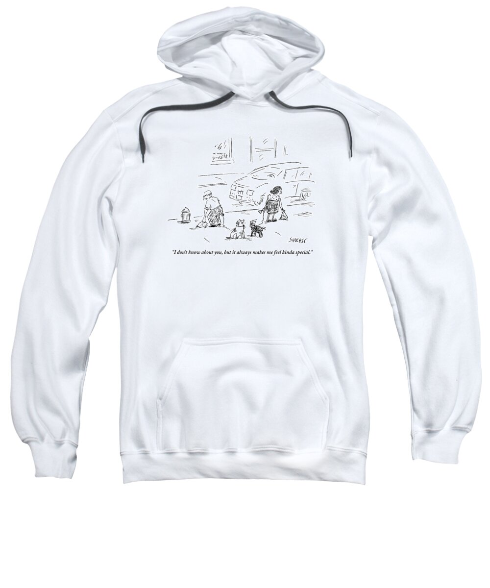 Dogs Sweatshirt featuring the drawing One Dog To Another As Owners Use Plastic Bags by David Sipress