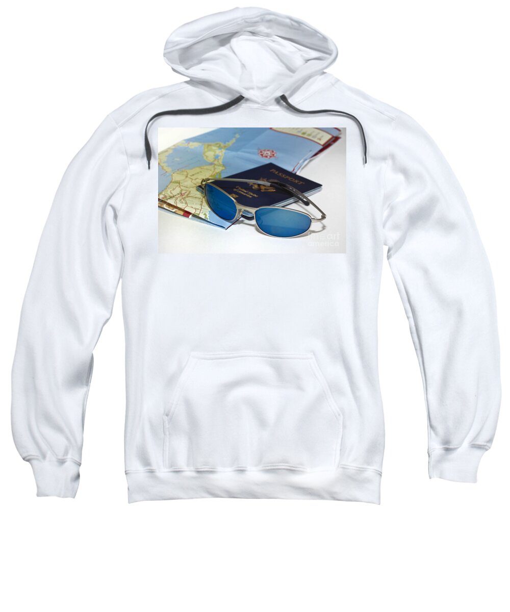 Bermuda Sweatshirt featuring the photograph Passport sunglasses and map by Amy Cicconi