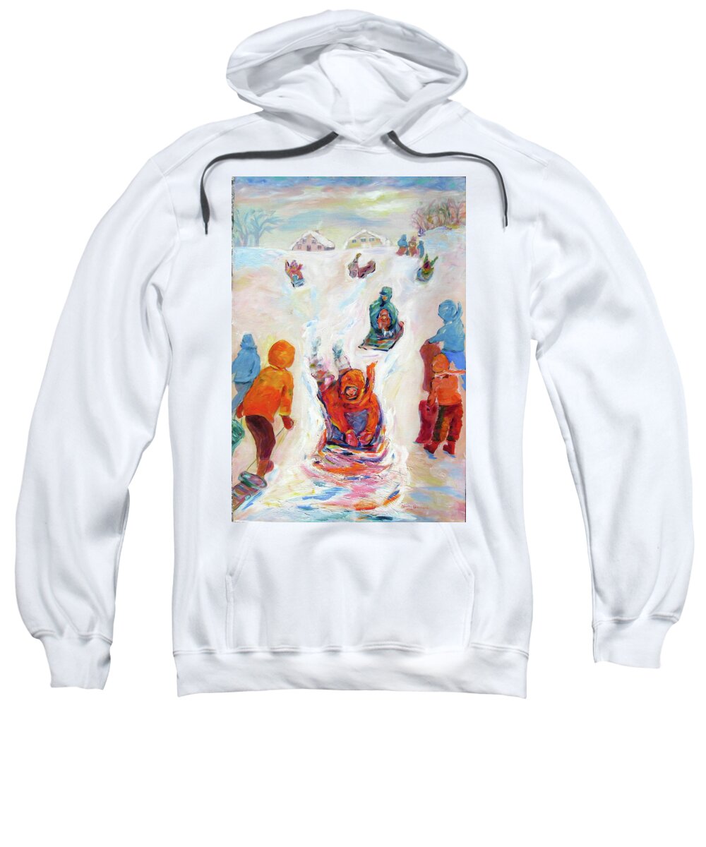 Kids Tobogganing Sweatshirt featuring the painting Prairie Winter Fun by Naomi Gerrard