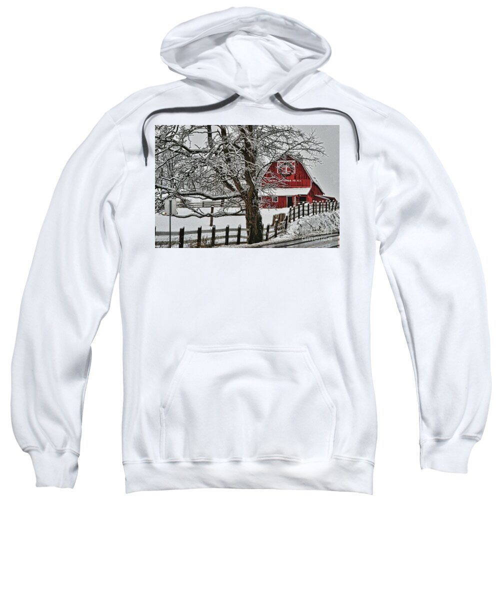 Barns Sweatshirt featuring the photograph Red Barn in Winter HDROB4761-13 by Randy Harris
