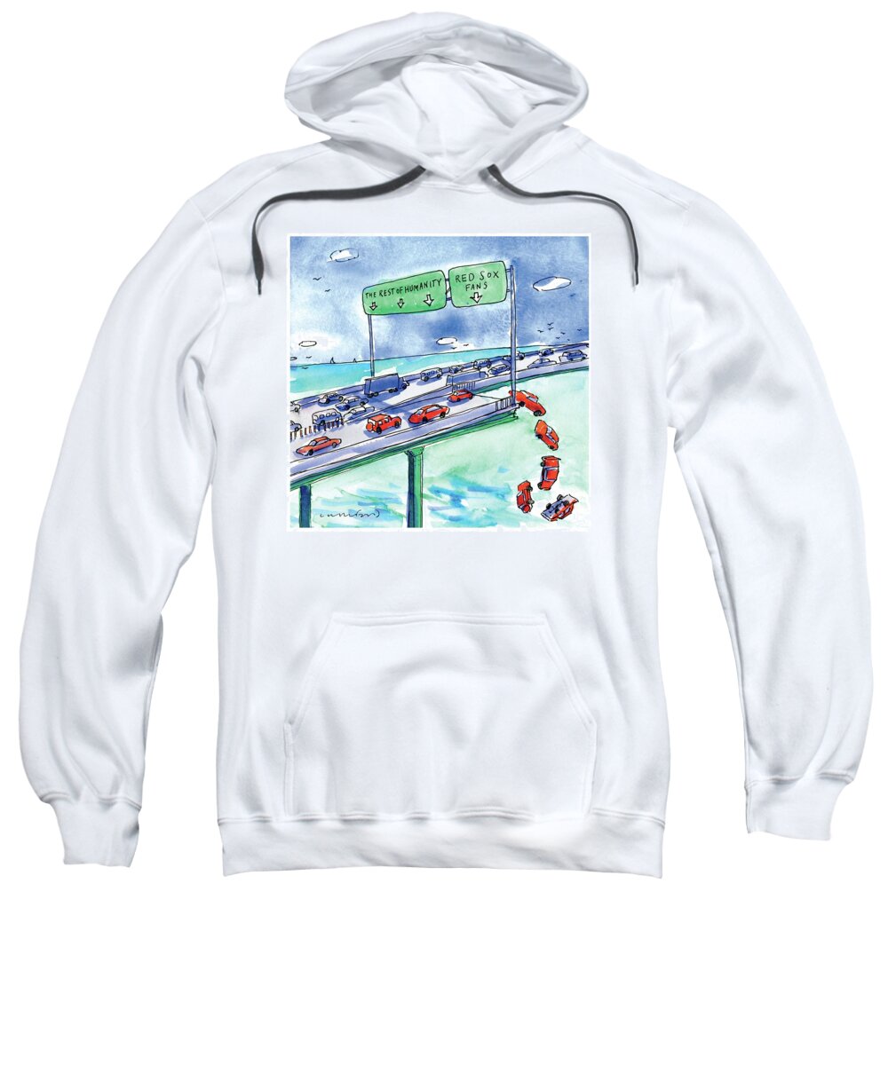 Red Sox Sweatshirt featuring the drawing Red Cars Drop Off A Bridge Under A Sign That Says by Michael Crawford